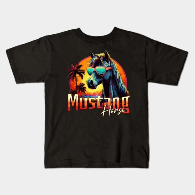 Stylish Retro Wave Mustang Horse Kids T-Shirt by Miami Neon Designs